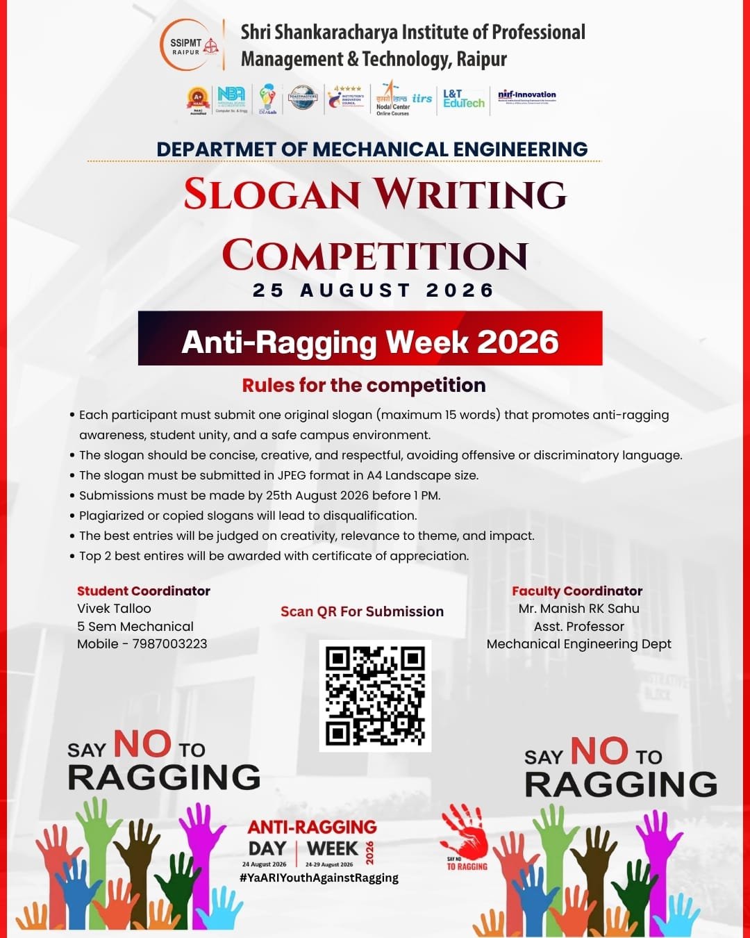 SSIPMT Raipur Organises Slogan Writing Competition on Anti-Ragging