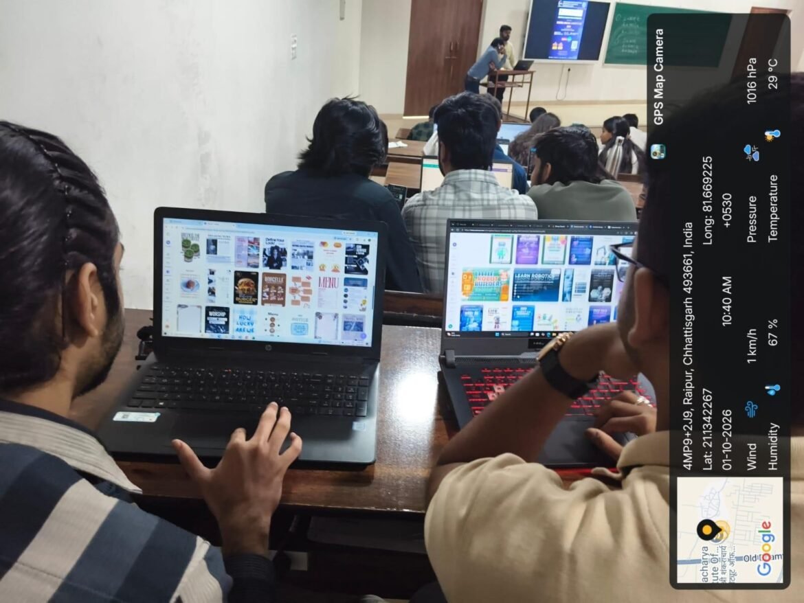 Students participating in the CSI Poster Making Competition at SSIPMT Raipur and exploring digital design templates.